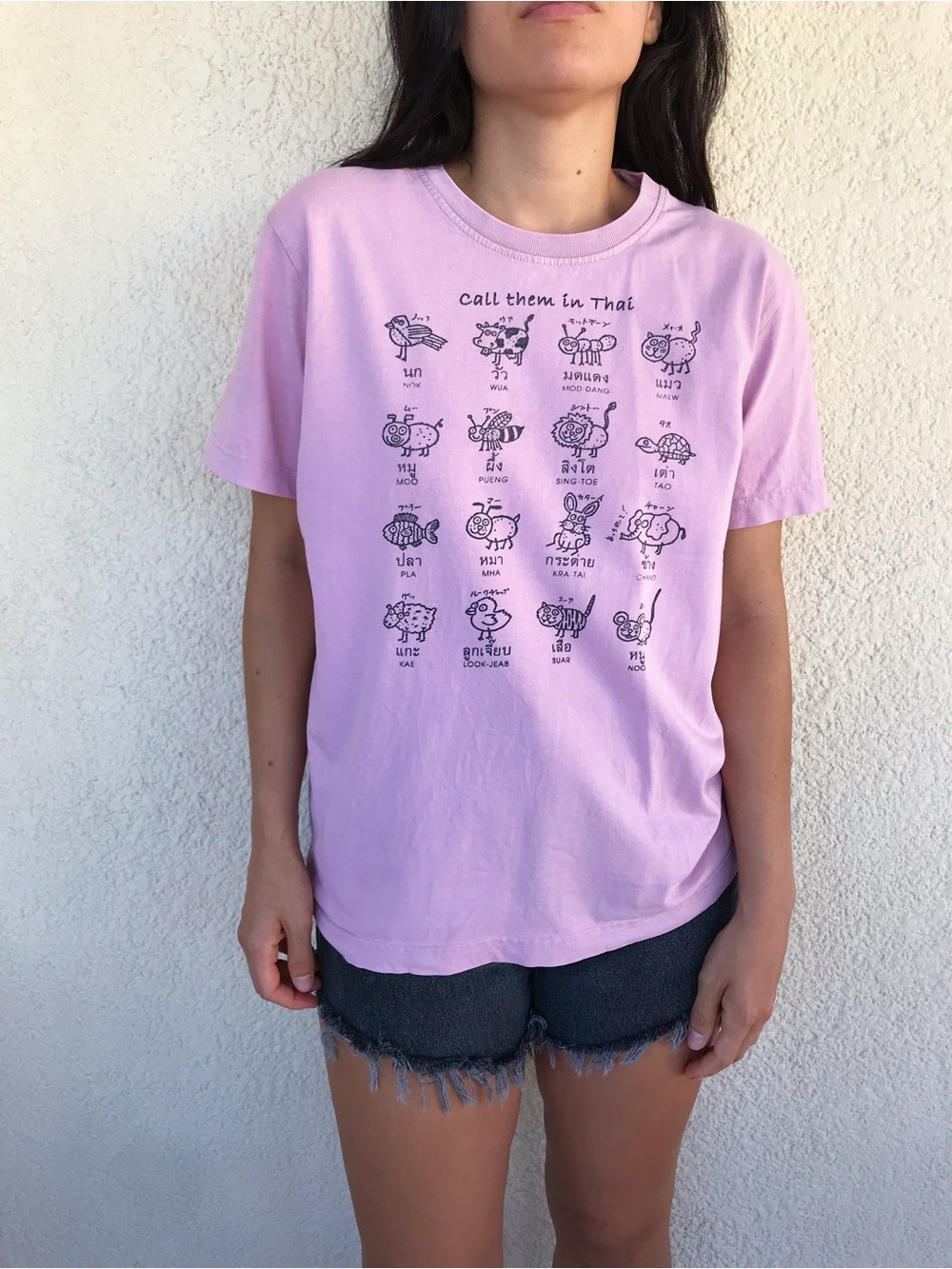 90s Vintage Pink Graphic Tee with Animal Illustrations /Thai Words / Crew Neck - Picture 4 of 6